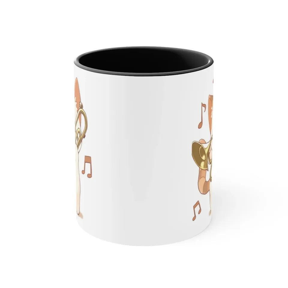 Colorful Accent Coffee Mug 11oz Cute White Cat Trombone Brass Instrument Anime