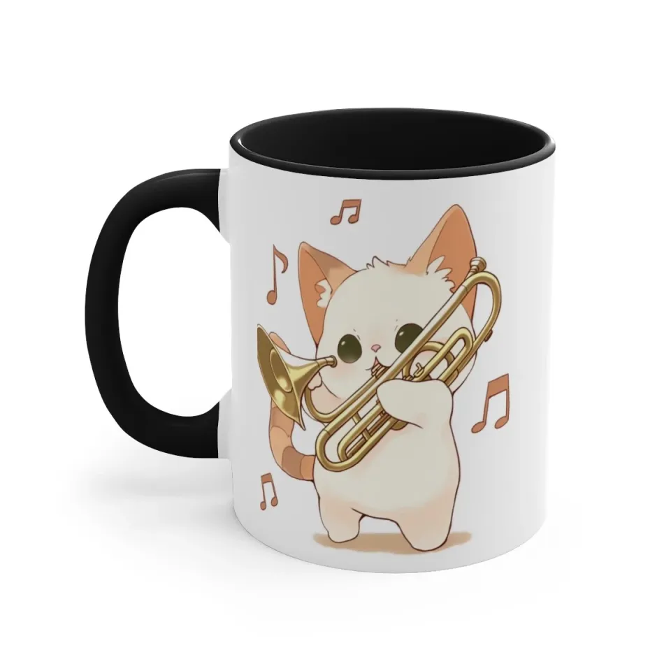 Colorful Accent Coffee Mug 11oz Cute White Cat Trombone Brass Instrument Anime