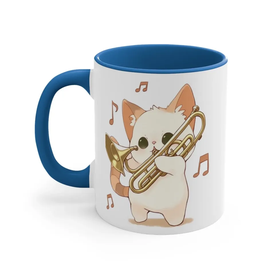 Colorful Accent Coffee Mug 11oz Cute White Cat Trombone Brass Instrument Anime