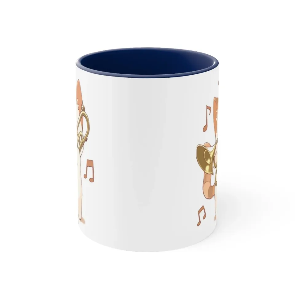 Colorful Accent Coffee Mug 11oz Cute White Cat Trombone Brass Instrument Anime