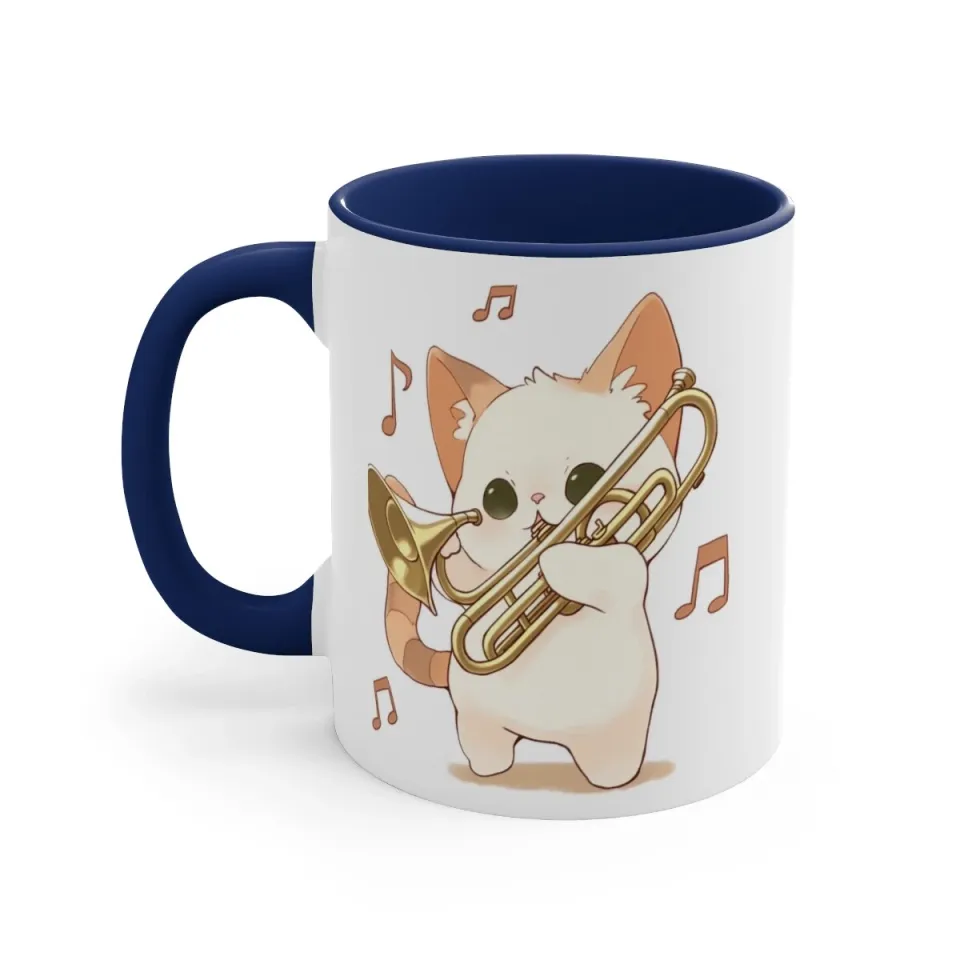 Colorful Accent Coffee Mug 11oz Cute White Cat Trombone Brass Instrument Anime