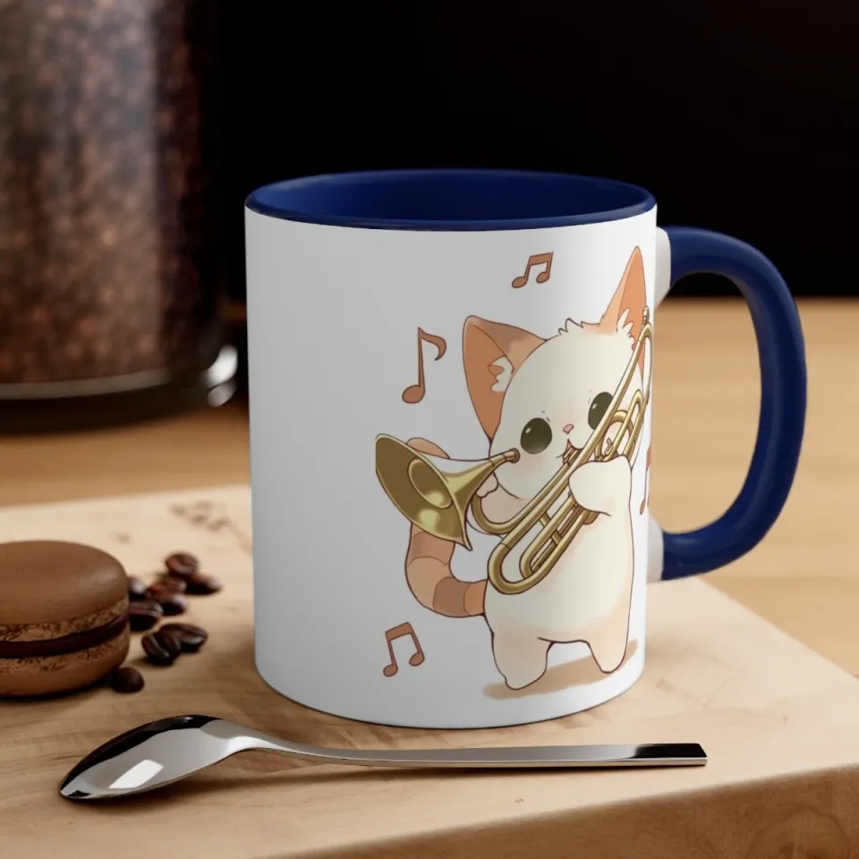 Colorful Accent Coffee Mug 11oz Cute White Cat Trombone Brass Instrument Anime