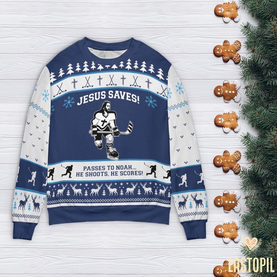 Jesus Saves Hockey Christmas Ugly Sweater Canada Hockey Sweatshirt