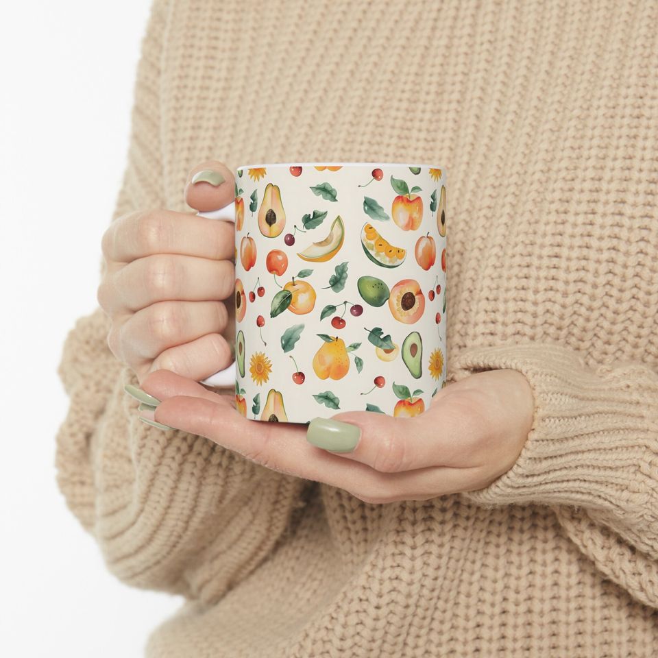 Avocado Summer Fruits Coffee Mug, Hand Painted Fruit Pattern Mug