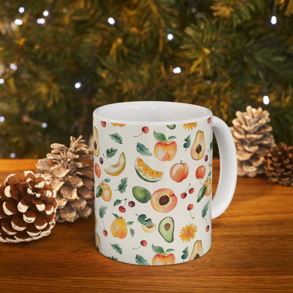 Avocado Summer Fruits Coffee Mug, Hand Painted Fruit Pattern Mug