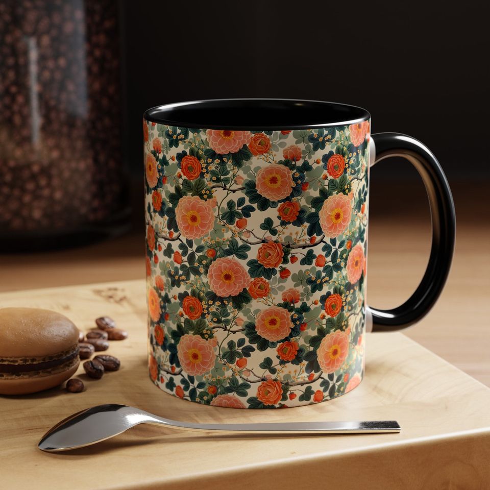 Floral Ceramic Coffee Mug, 11oz Hand-Painted Fruit Pattern Mug