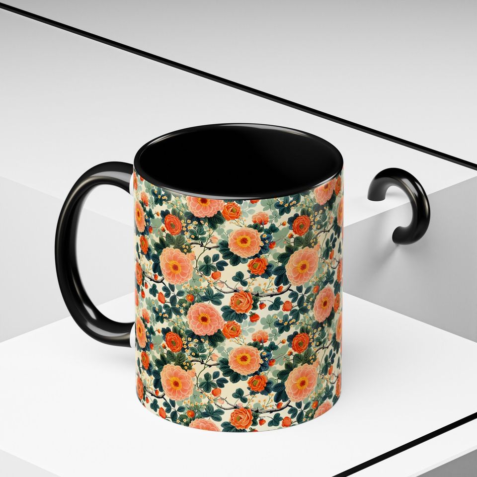 Floral Ceramic Coffee Mug, 11oz Hand-Painted Fruit Pattern Mug