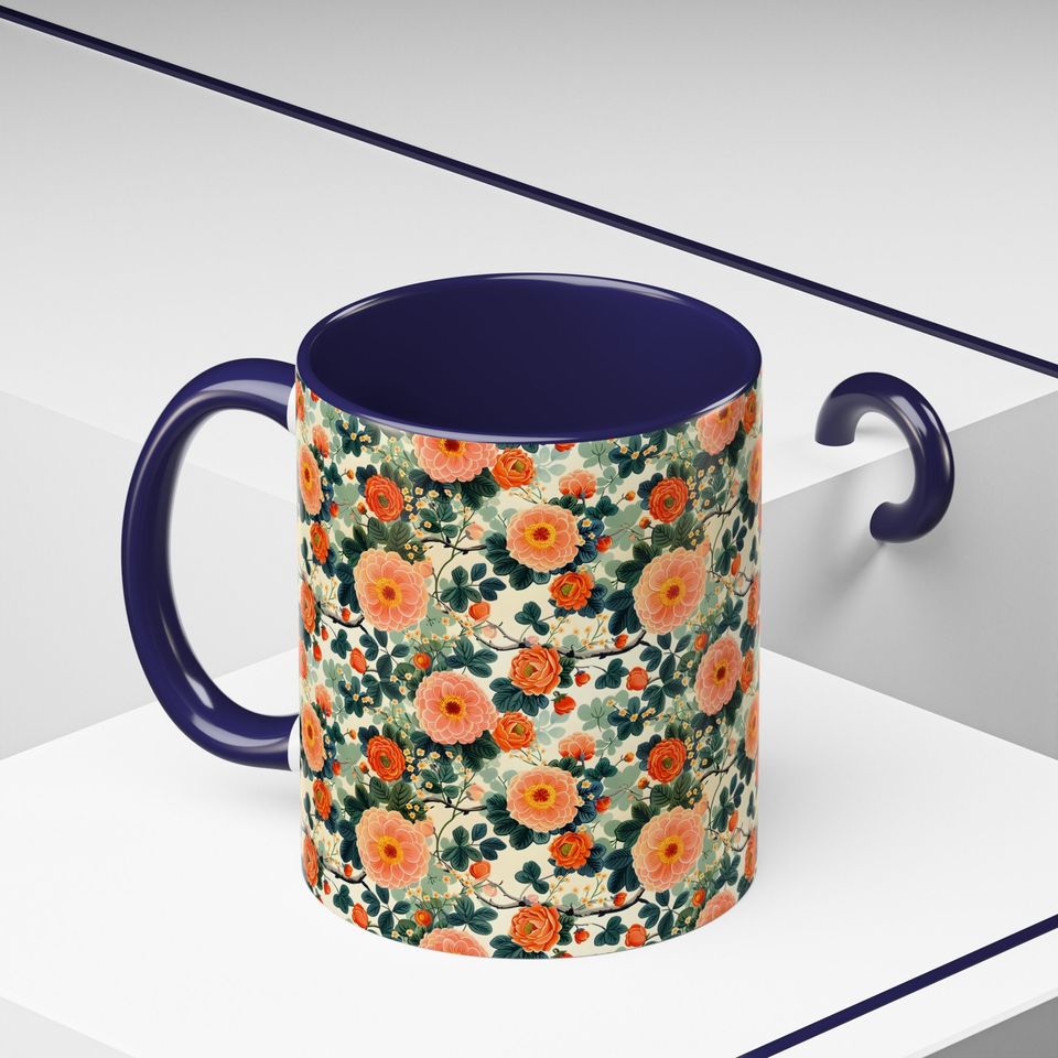 Floral Ceramic Coffee Mug, 11oz Hand-Painted Fruit Pattern Mug