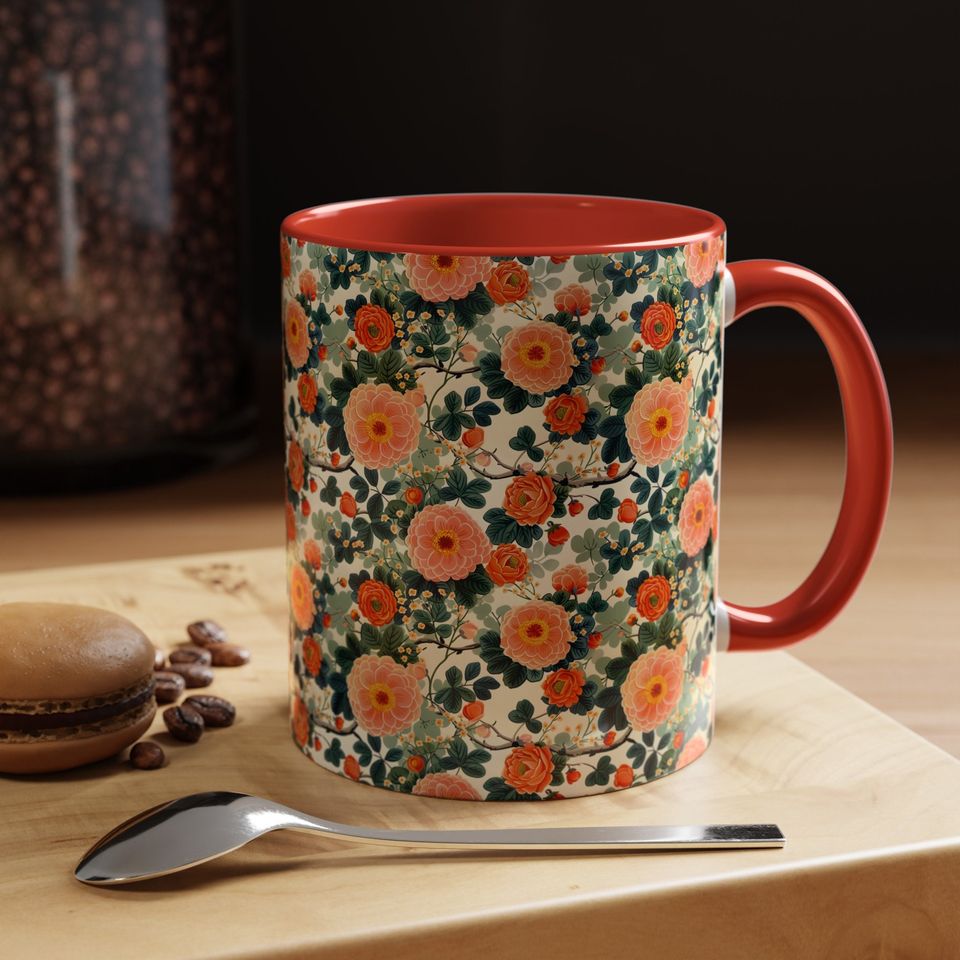 Floral Ceramic Coffee Mug, 11oz Hand-Painted Fruit Pattern Mug