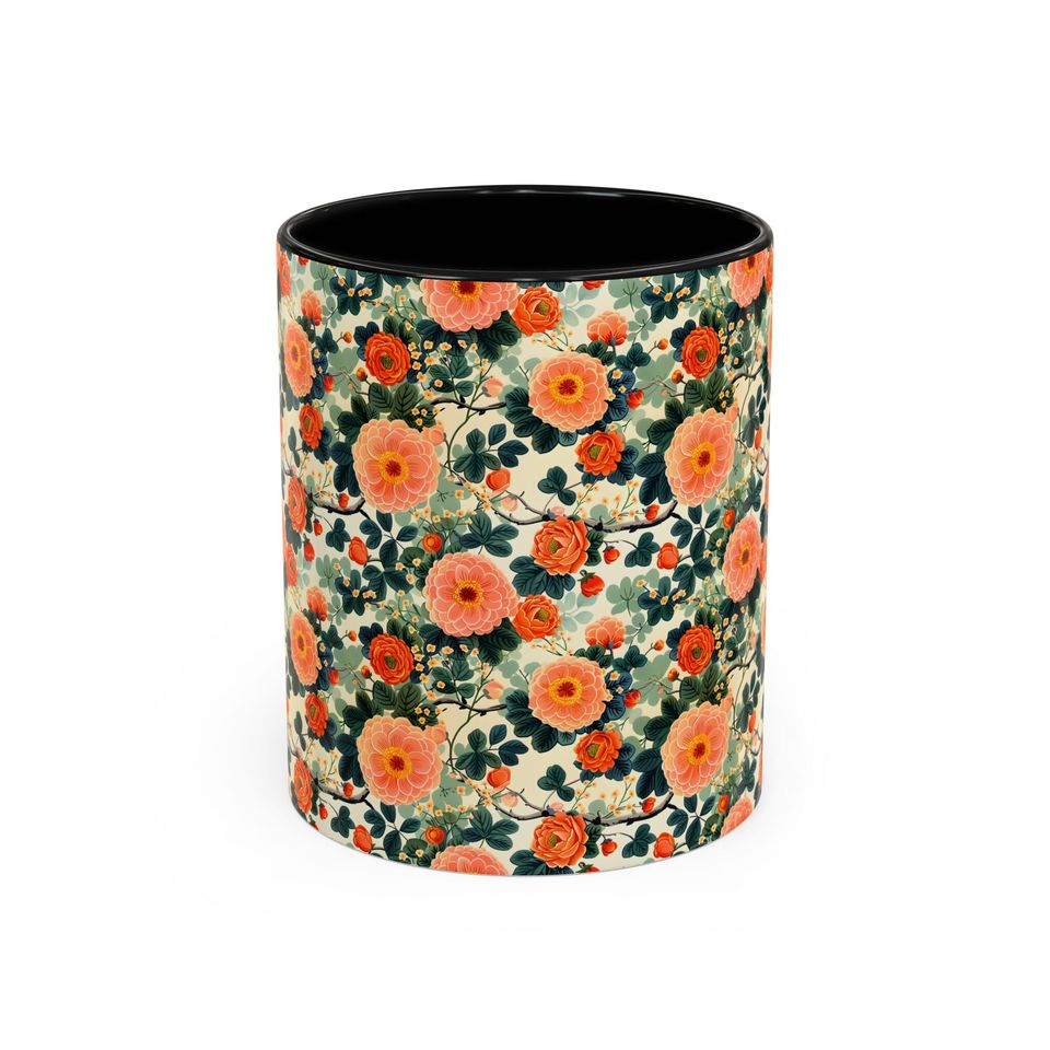 Floral Ceramic Coffee Mug, 11oz Hand-Painted Fruit Pattern Mug