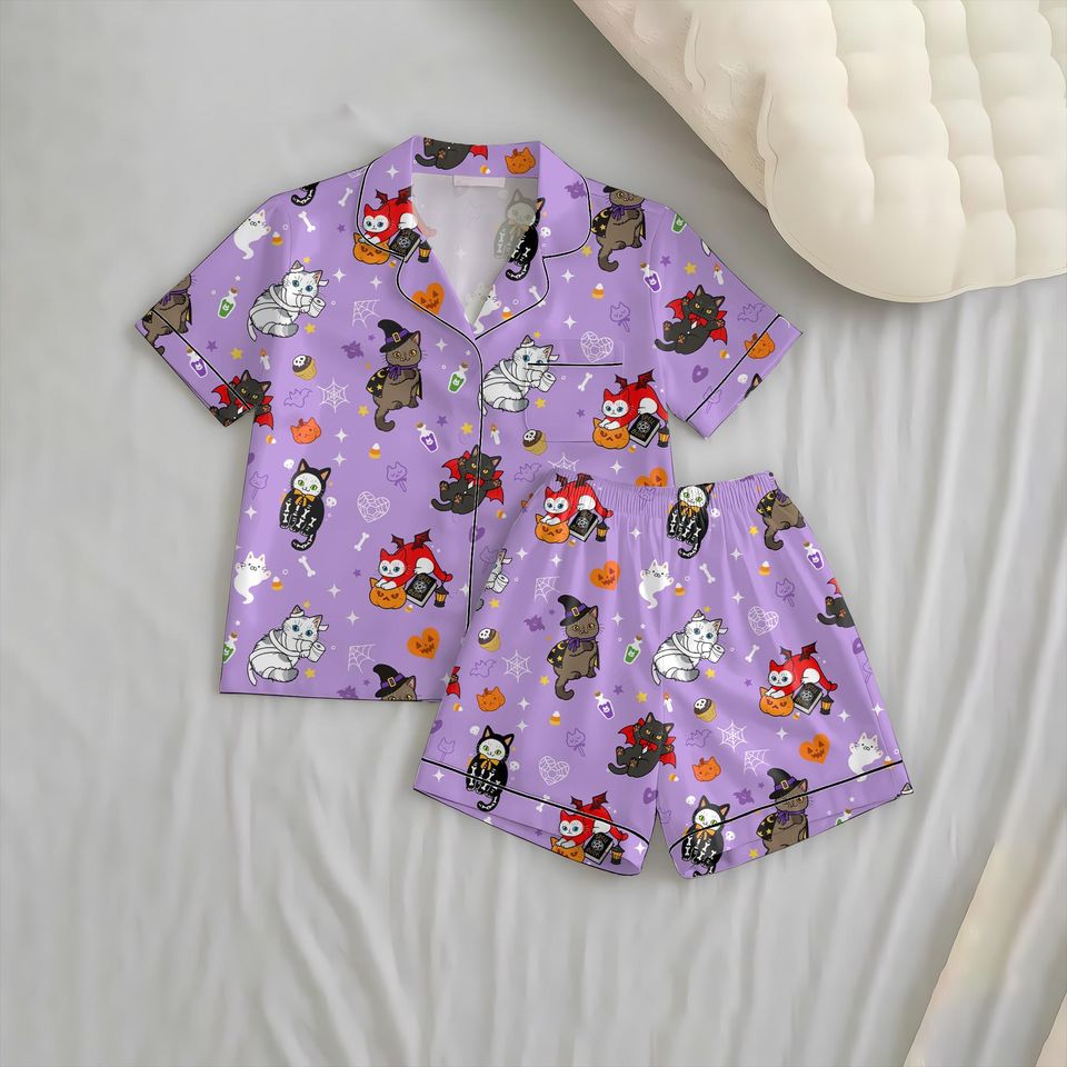 Halloween Witch Skeleton Vampire Ghost Cat Short Pajama Set with Pockets