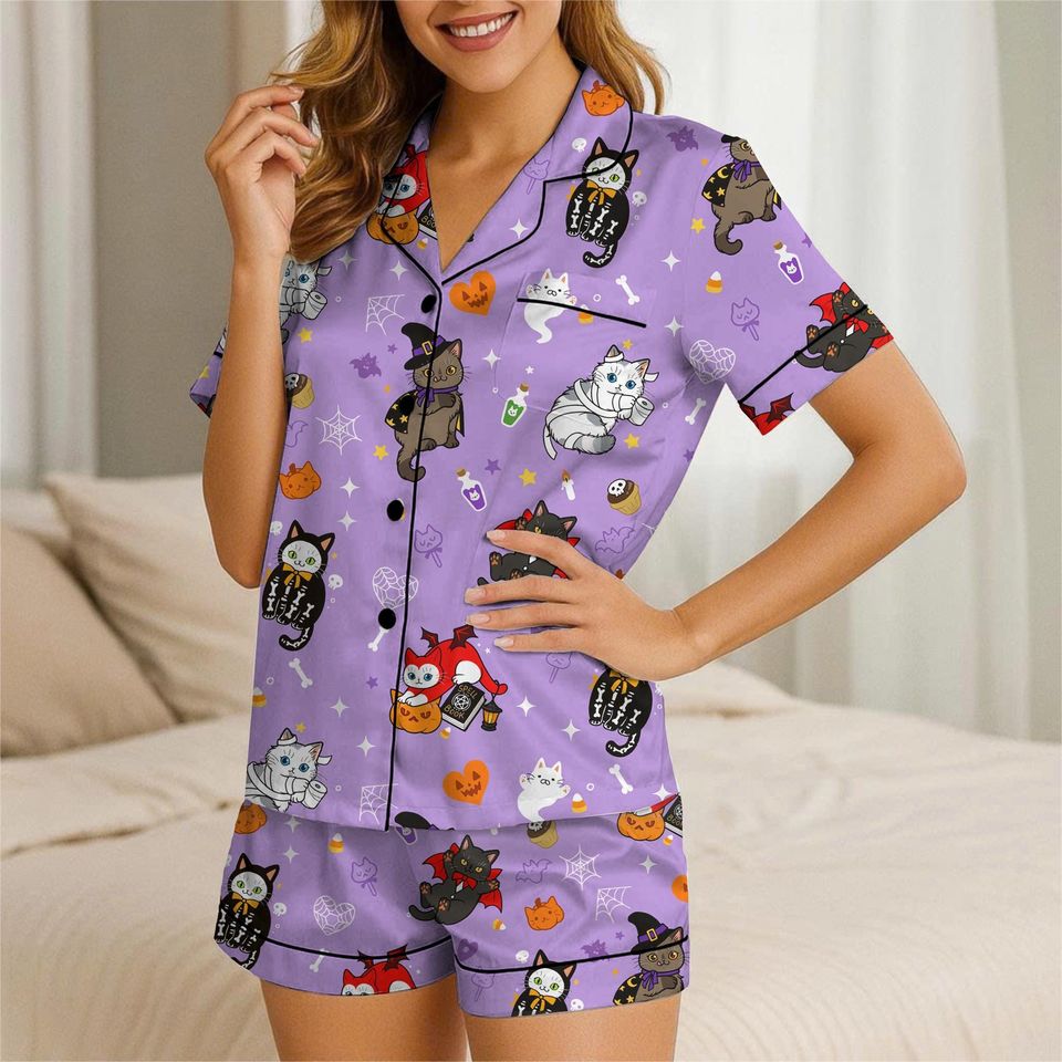 Halloween Witch Skeleton Vampire Ghost Cat Short Pajama Set with Pockets