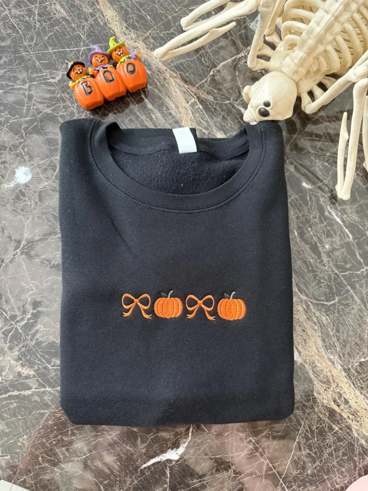 Embossed Pumpkin Sweatshirt, Embroidered Fall Pullover