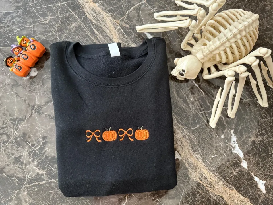 Embossed Pumpkin Sweatshirt, Embroidered Fall Pullover