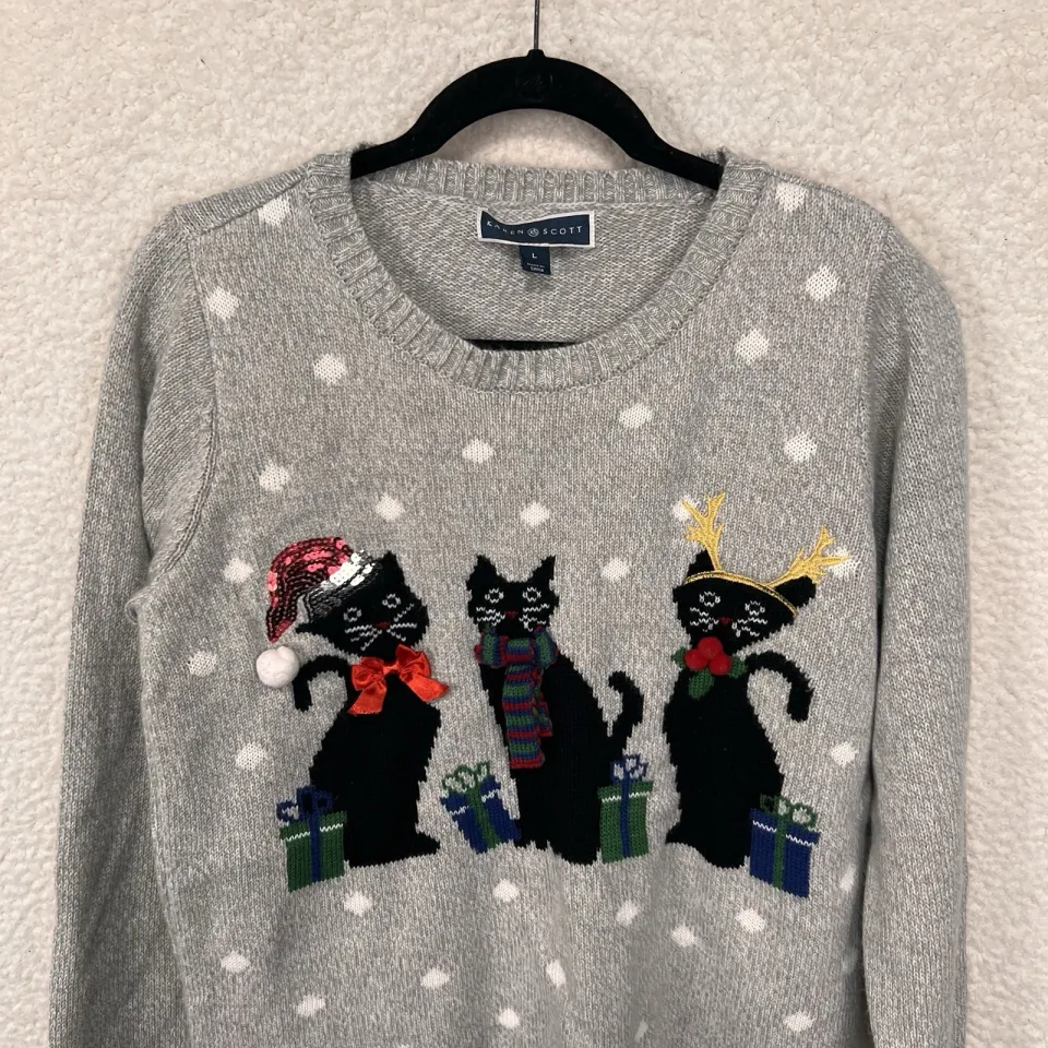 Karen Scott Christmas Cats Sweater Women’s L Gray Sequins 3D Grandmacore