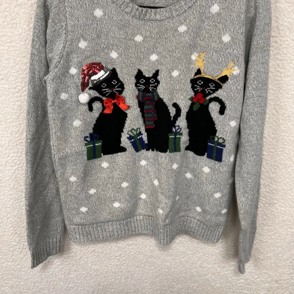 Karen Scott Christmas Cats Sweater Women’s L Gray Sequins 3D Grandmacore
