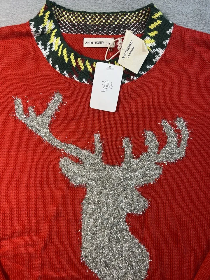 AndTheWhy Womens S/M Christmas Reindeer Ugly Sweater Pullover Plaid Pattern Red