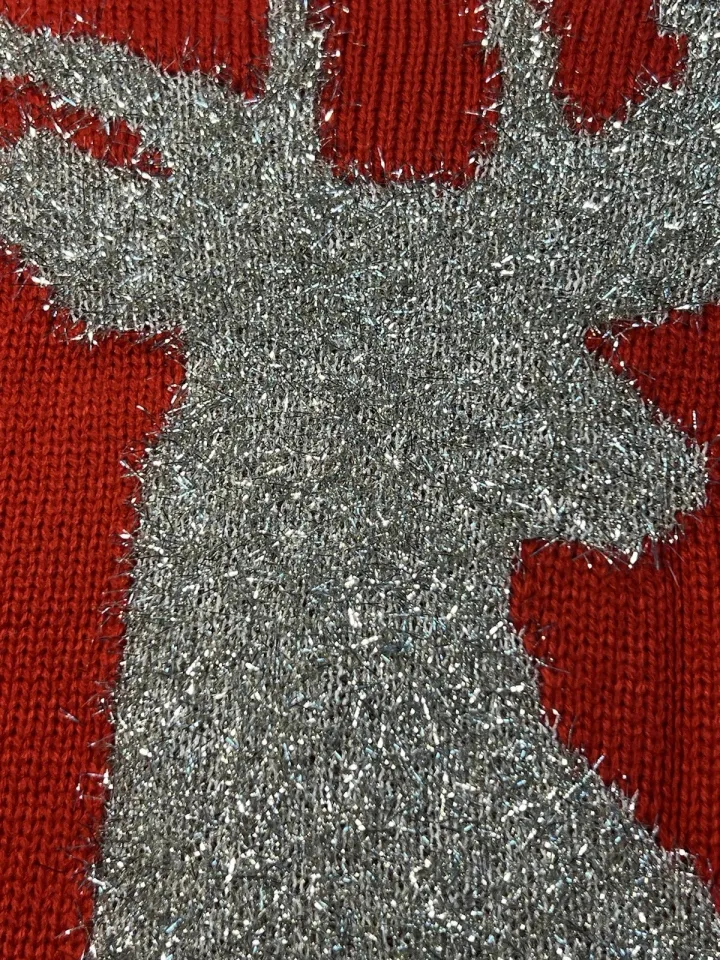 AndTheWhy Womens S/M Christmas Reindeer Ugly Sweater Pullover Plaid Pattern Red