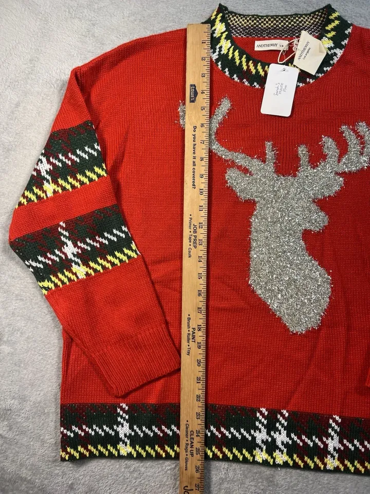AndTheWhy Womens S/M Christmas Reindeer Ugly Sweater Pullover Plaid Pattern Red