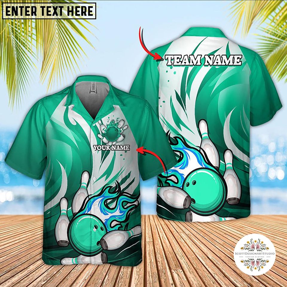 Personalized Bowling Hawaiian Shirt: Animated Fire, Multicolor Pins