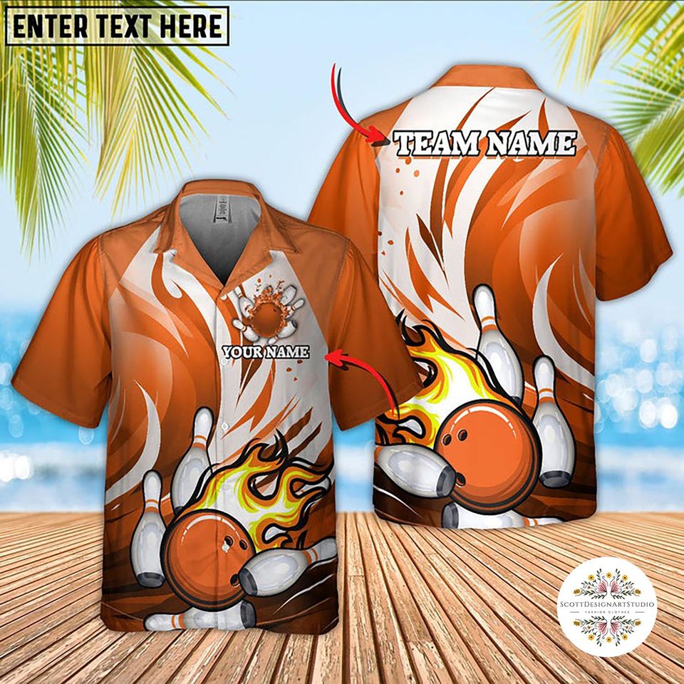 Personalized Bowling Hawaiian Shirt: Animated Fire, Multicolor Pins