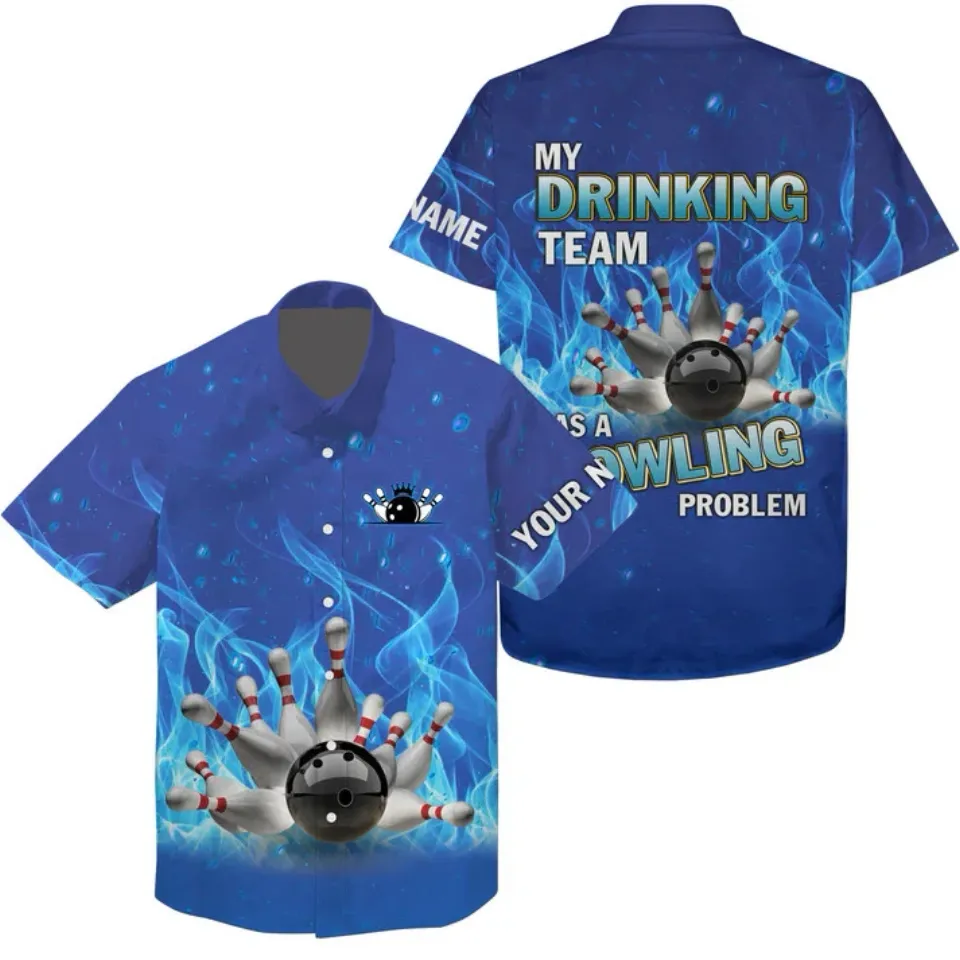 Customize Name Bowling Blue Flame Unisex Hawaiian Shirt