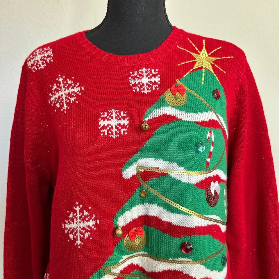 Holiday Time Sweater Women 1X Plus Ugly Christmas Tree Sequin Knit Red Pullover