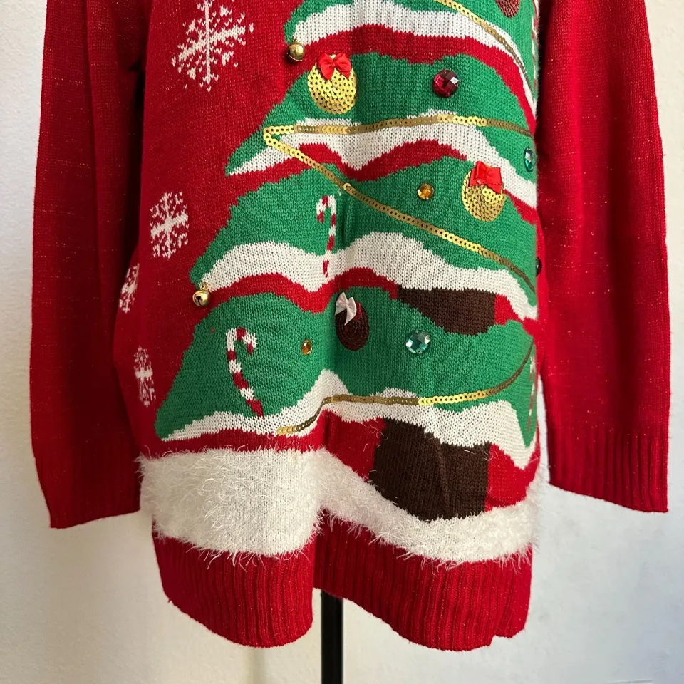 Holiday Time Sweater Women 1X Plus Ugly Christmas Tree Sequin Knit Red Pullover