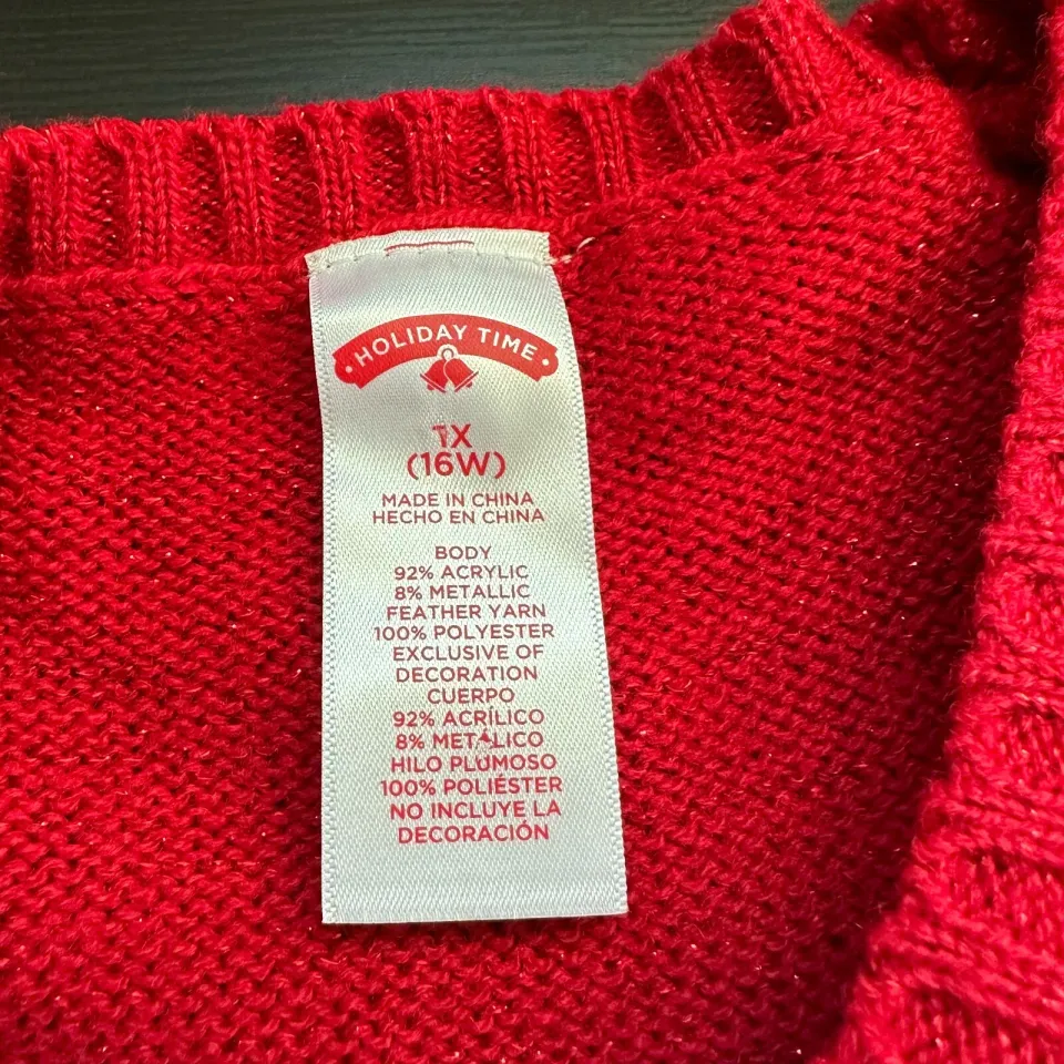 Holiday Time Sweater Women 1X Plus Ugly Christmas Tree Sequin Knit Red Pullover