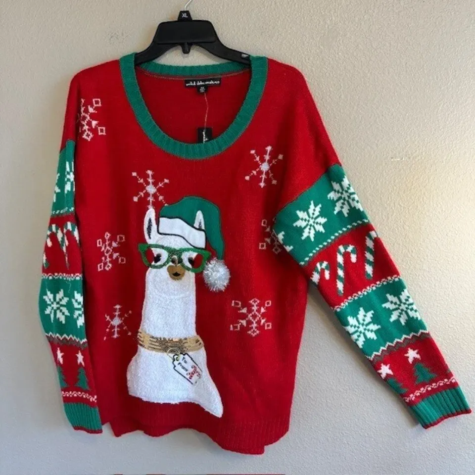 Ugly Christmas Holiday Sweater Women's Red Llama Long Sleeve Acrylic XL