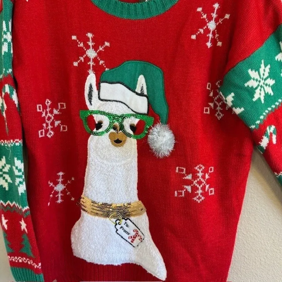 Ugly Christmas Holiday Sweater Women's Red Llama Long Sleeve Acrylic XL