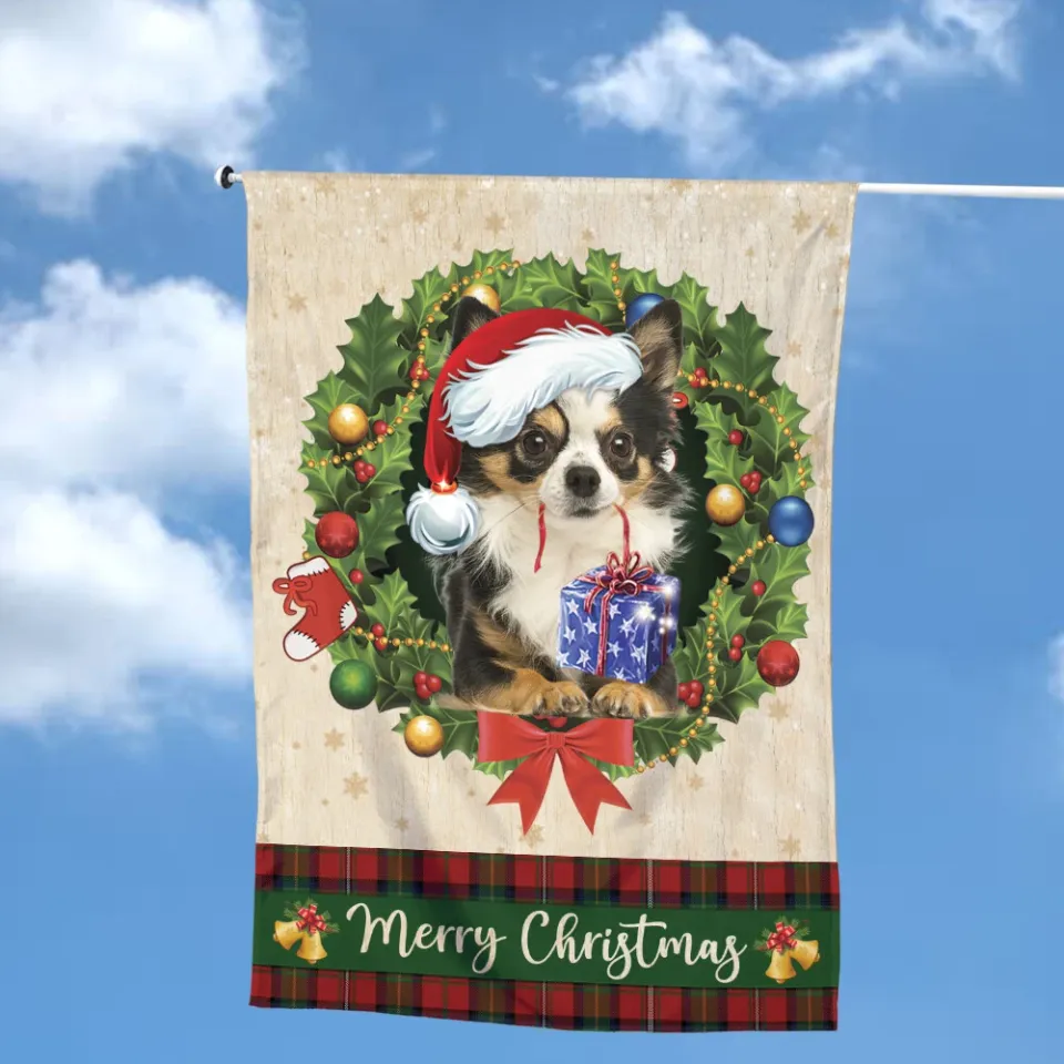 Chihuahua Dog Merry Christmas Flag, Chihuahua Dog Christmas Wreath Xmas Flag