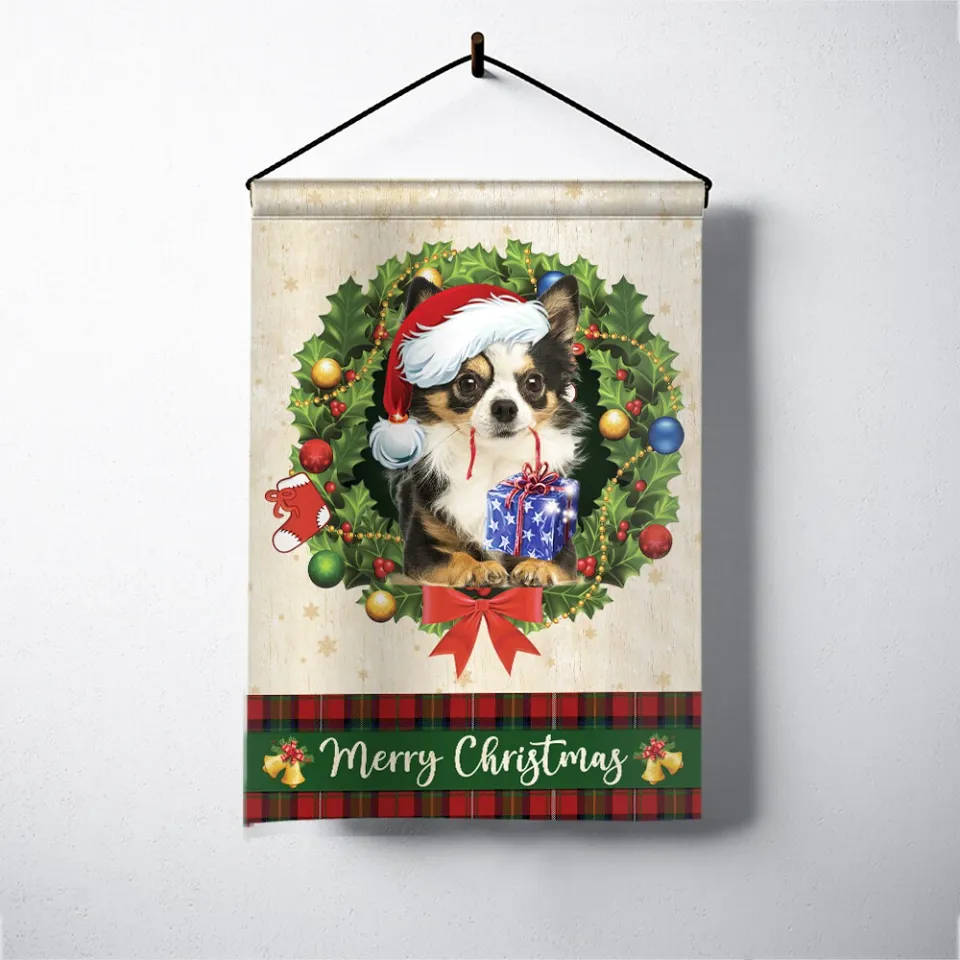 Chihuahua Dog Merry Christmas Flag, Chihuahua Dog Christmas Wreath Xmas Flag