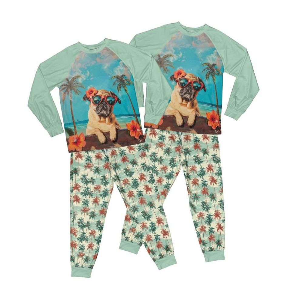 Green Summer Loving Pug Pajama Set in Youth and Adult Sizing, Retro Tropical Palm Tree Matching Family PJS
