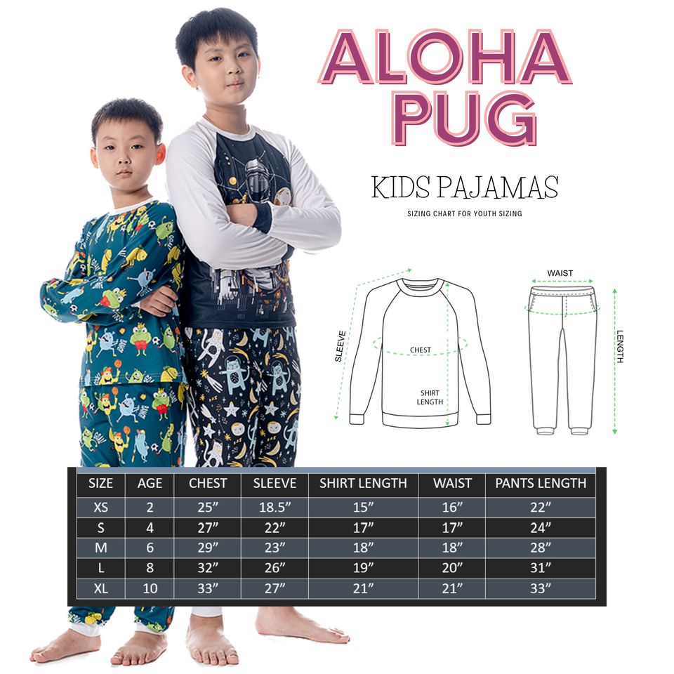 Green Summer Loving Pug Pajama Set in Youth and Adult Sizing, Retro Tropical Palm Tree Matching Family PJS