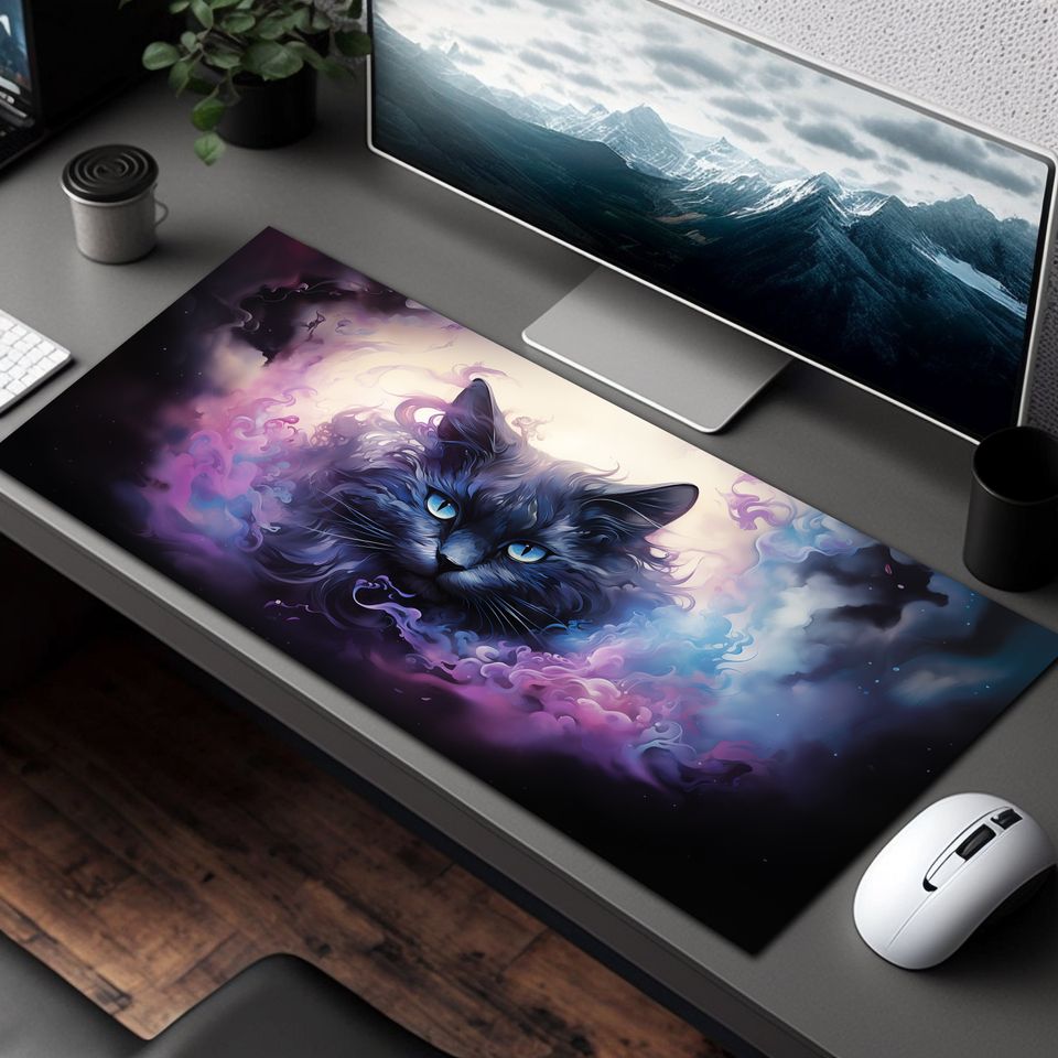 Mystic Black Cat Desk Mat with Purple Watercolor Smoke