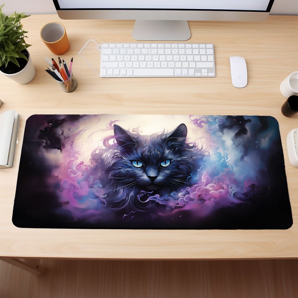 Mystic Black Cat Desk Mat with Purple Watercolor Smoke