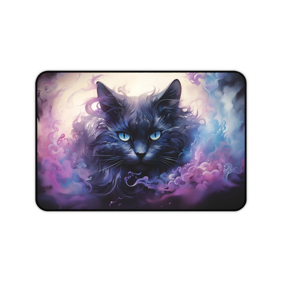 Mystic Black Cat Desk Mat with Purple Watercolor Smoke