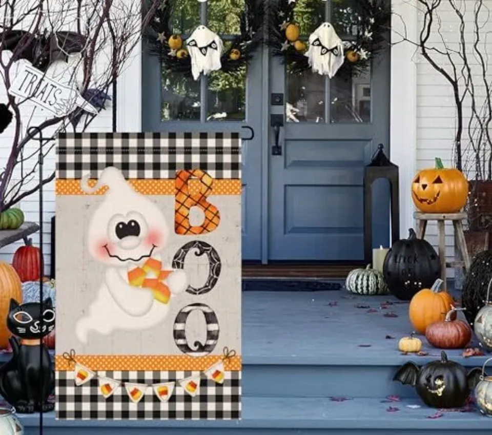 Halloween Ghost Boo Garden Flag, Double Sided for Outside Fall Autumn