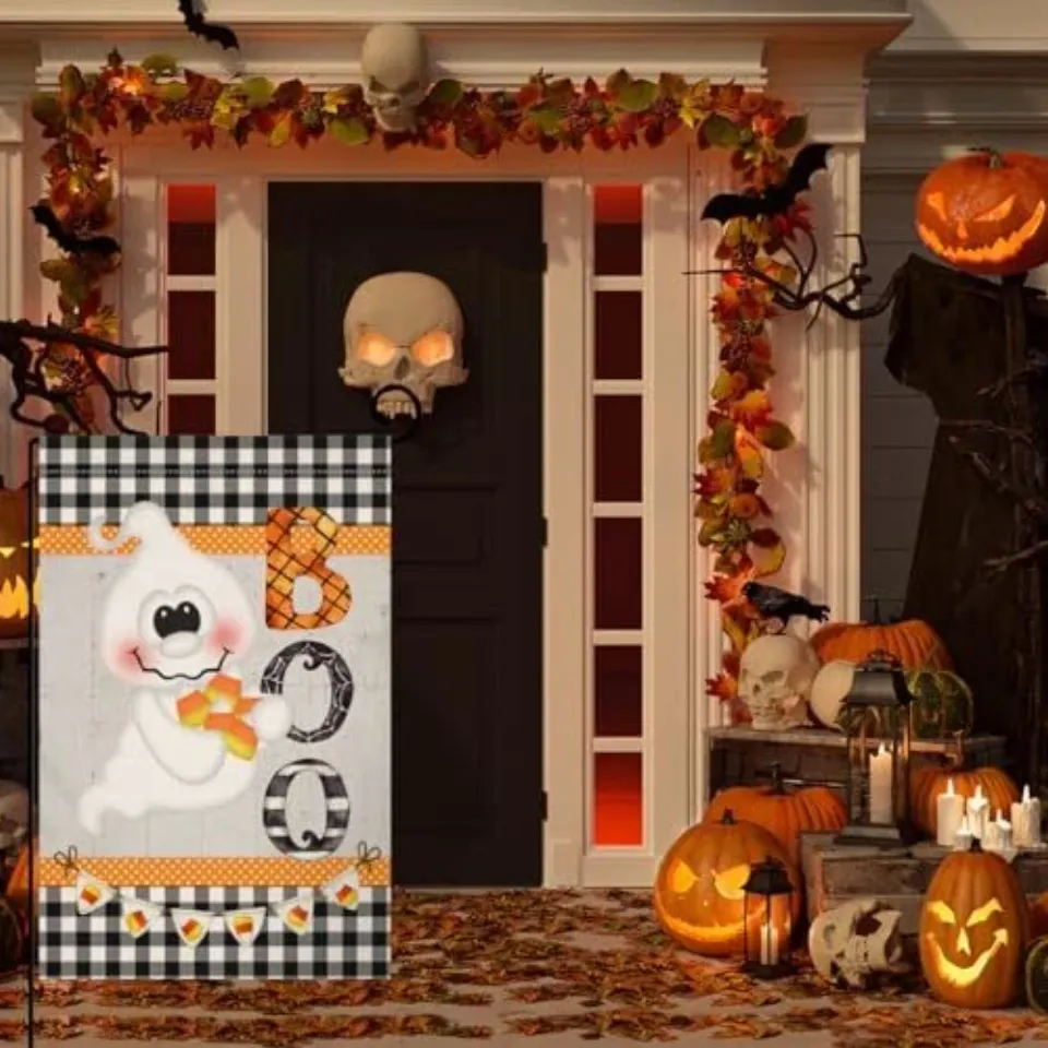 Halloween Ghost Boo Garden Flag, Double Sided for Outside Fall Autumn