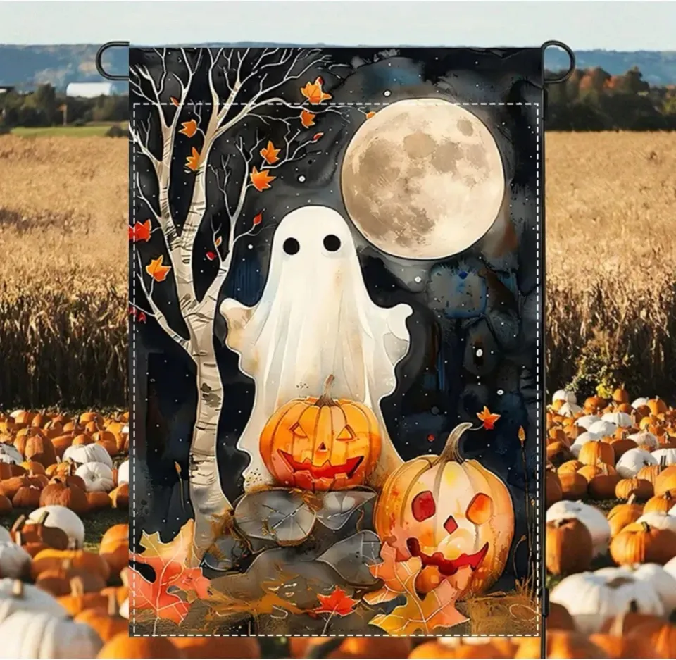 Halloween Ghost and Pumpkins Garden Flag, Burlap Polyester Full Moon Decoration