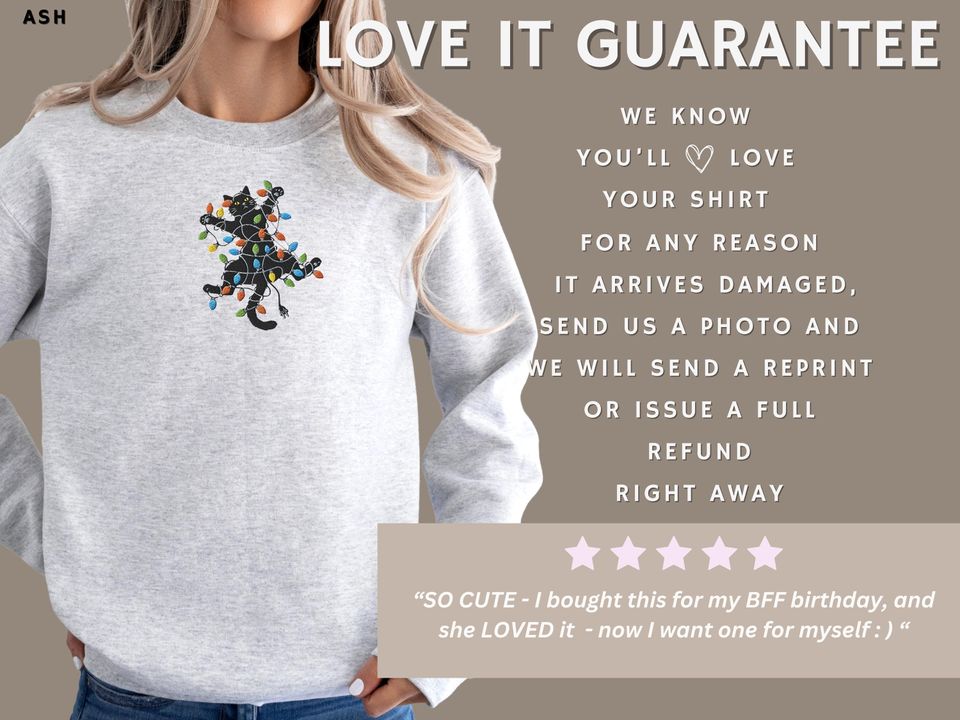 Black Cat Embroidered Sweatshirt Festive Lights Jumper Funny Holiday Jumper Cute Gift for Cat Lover Ugly Sweater Cozy Gift Cat Embroidery
