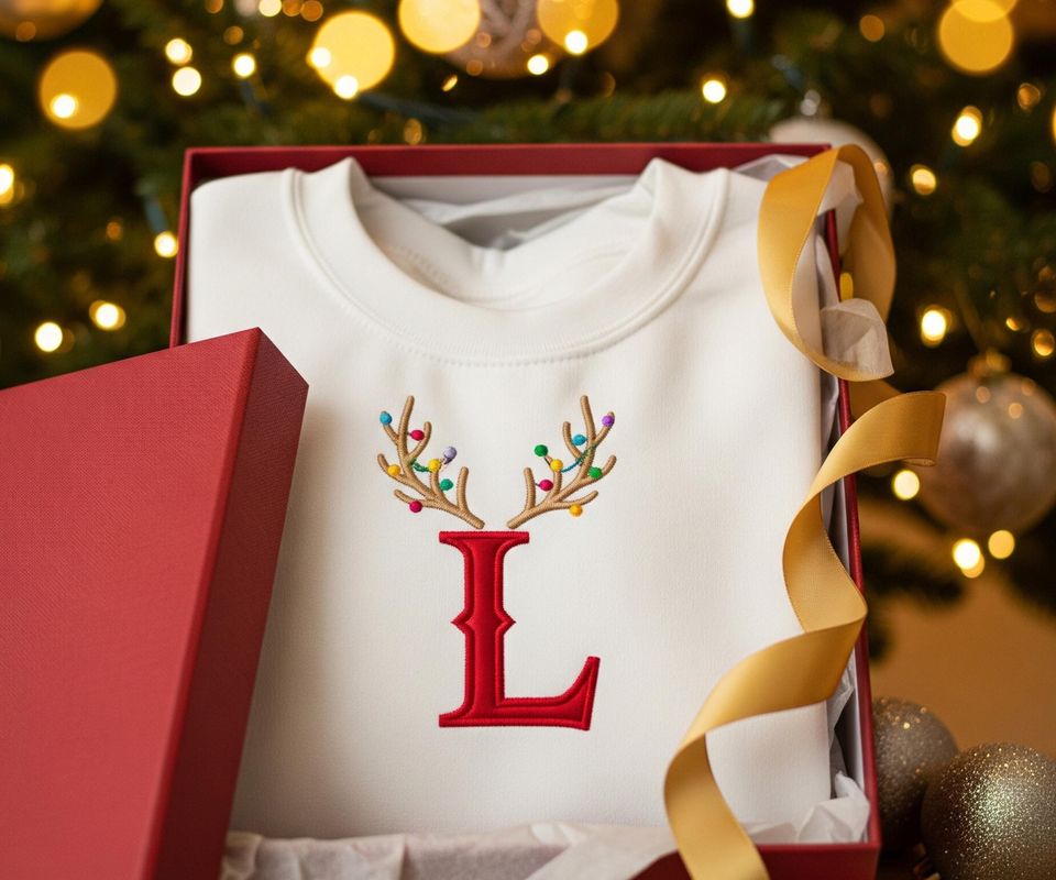 Christmas Custom Name Latter Embroidered Sweatshirt | Personalized Holiday Embroidered Pullover | Festive Initial Gift