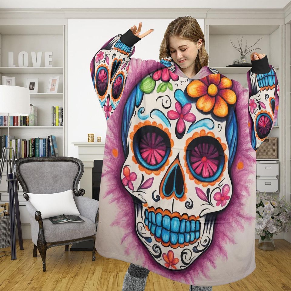 Sugar Skull Blanket Hoodie Da De Los Muertos Chicano Personalized Blanket