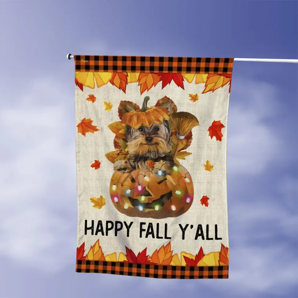 Yorkshire Terrier Dog Happy Fall Y'all Flag, Happy Thanksgiving Yorkie Dog Flag