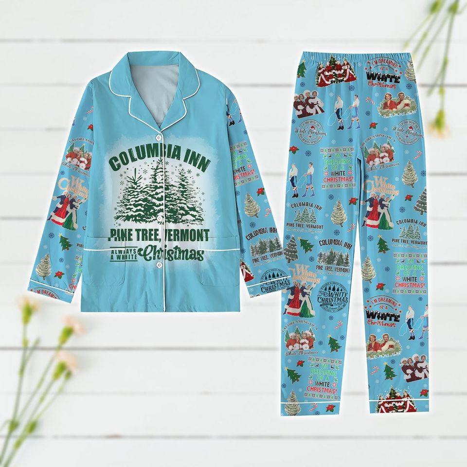 White Christmas Pajamas Set, Columbia Inn Pine Tree Vermont Pajamas