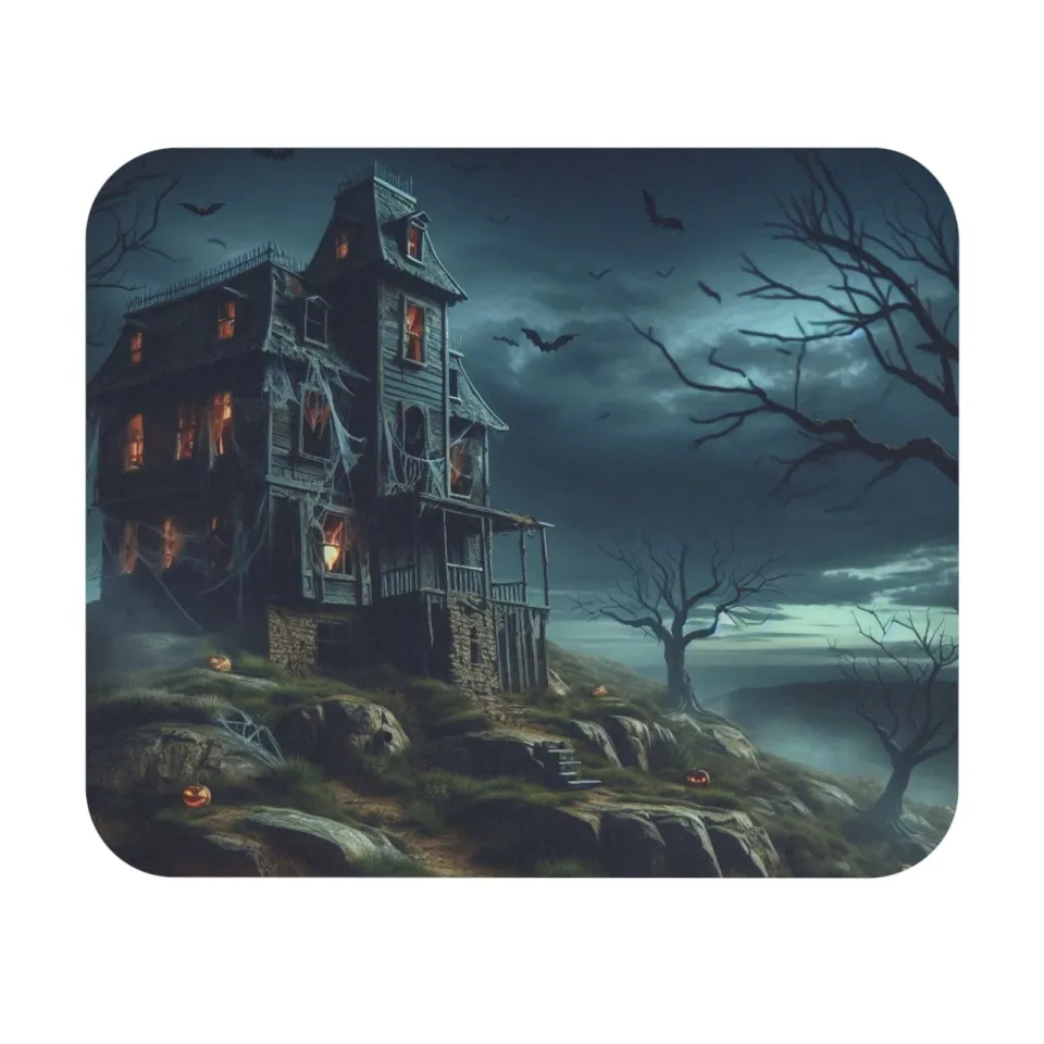 Halloween House on the Hill with Pumpkins Rectangle Mouse Pad