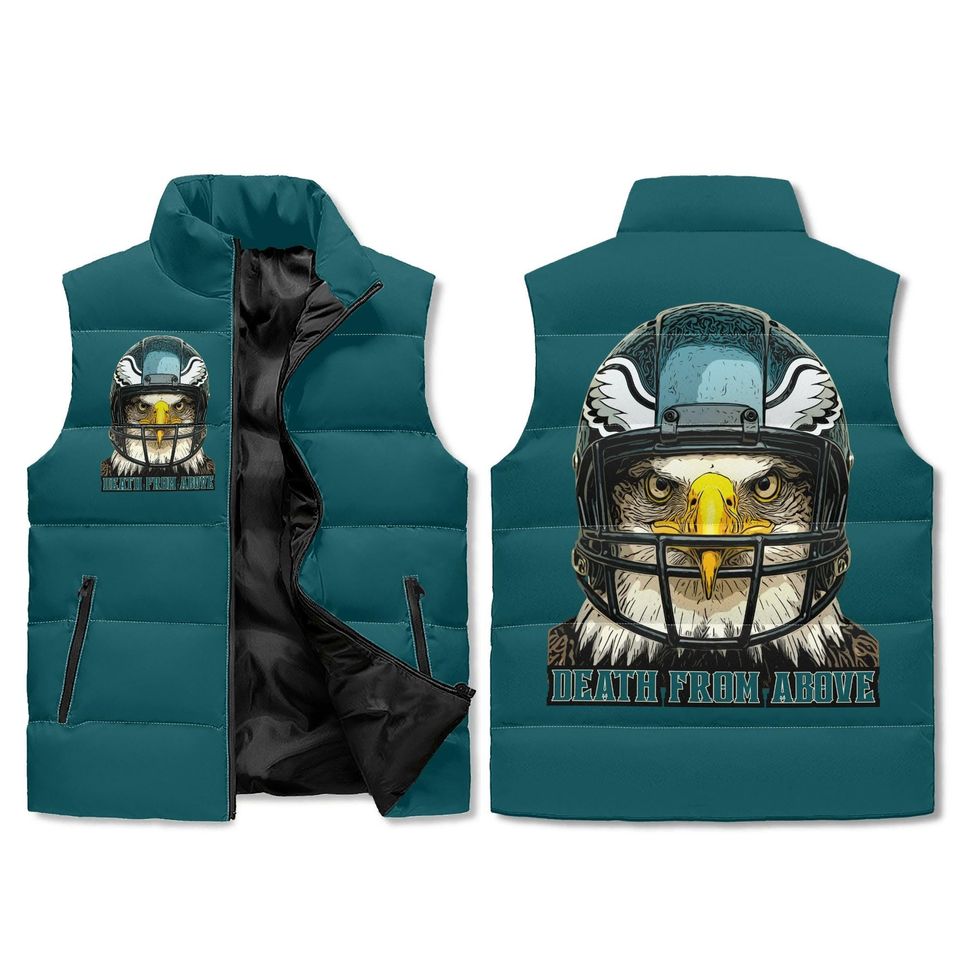 Death From Above Puffer Vest Eagles Midnight Green Unisex Sleeveless Fan Jacket Fierce Football Outerwear