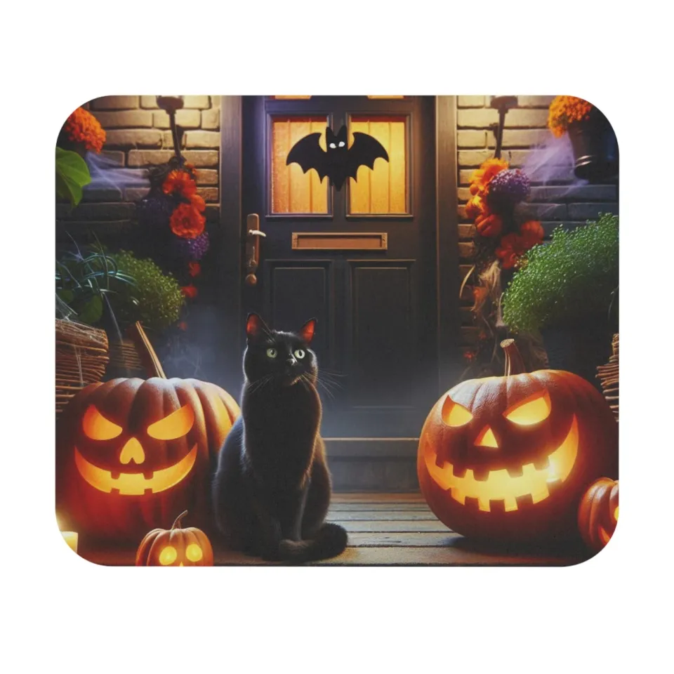 Halloween Black Cat on Front Porch Rectangle Mouse Pad