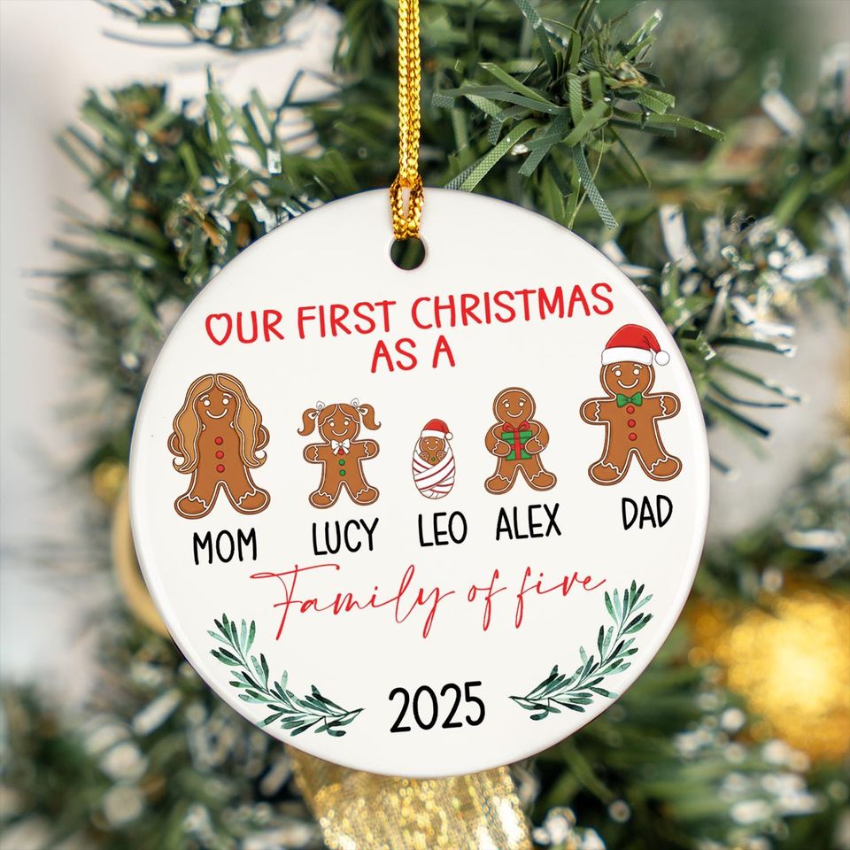 Personalized Family of 5 Christmas Gingerbread Ornament, Our First Christmas Keepsake
